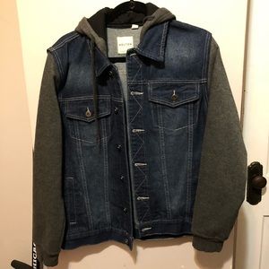 Jean jacket with fleece sleeves and hood